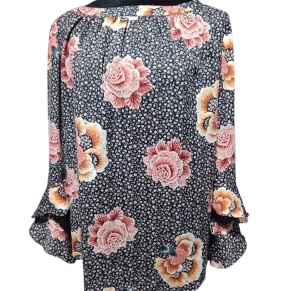 Loft Outlet Flowing Sleeves Floral Polyester Round Neck Blouse Women's Size Med. - Picture 10 of 13